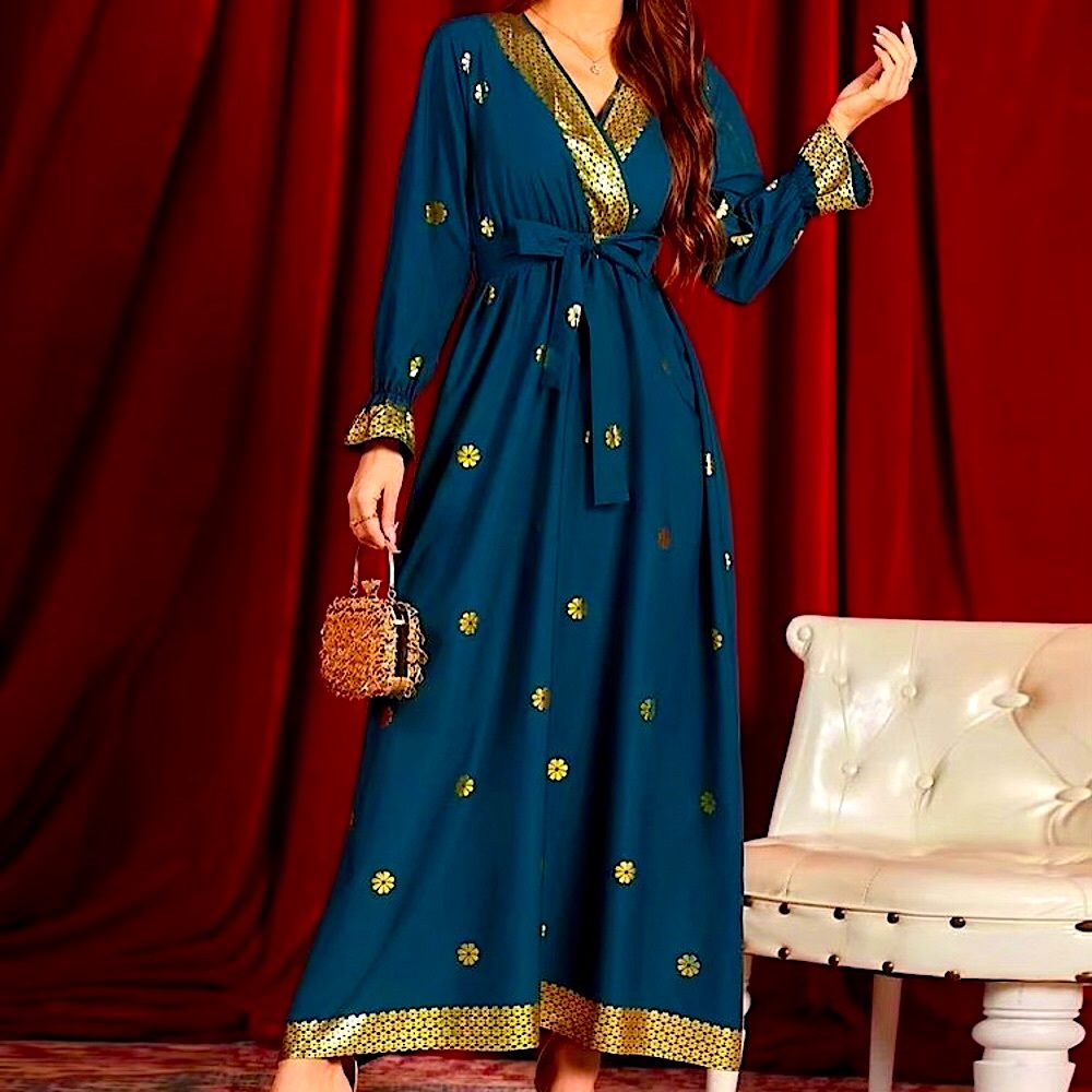 NWOT GORGEOUS Surplice Front India Saree Style Belted Maxi Teal Gold Dress - Picture 1 of 6